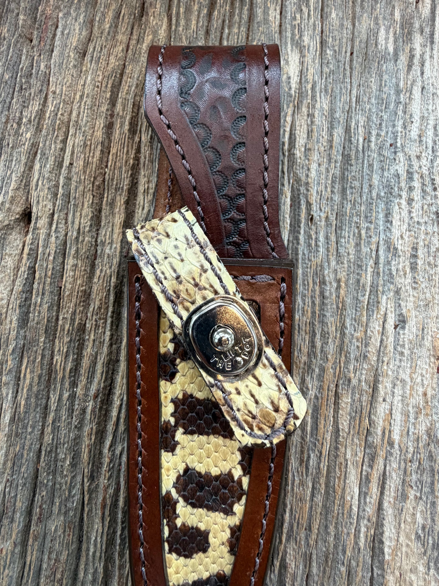 Randall Model 8-4 Sheath in Exotic West Texas Yellow Gopher Snake from Treeman Sheaths.
