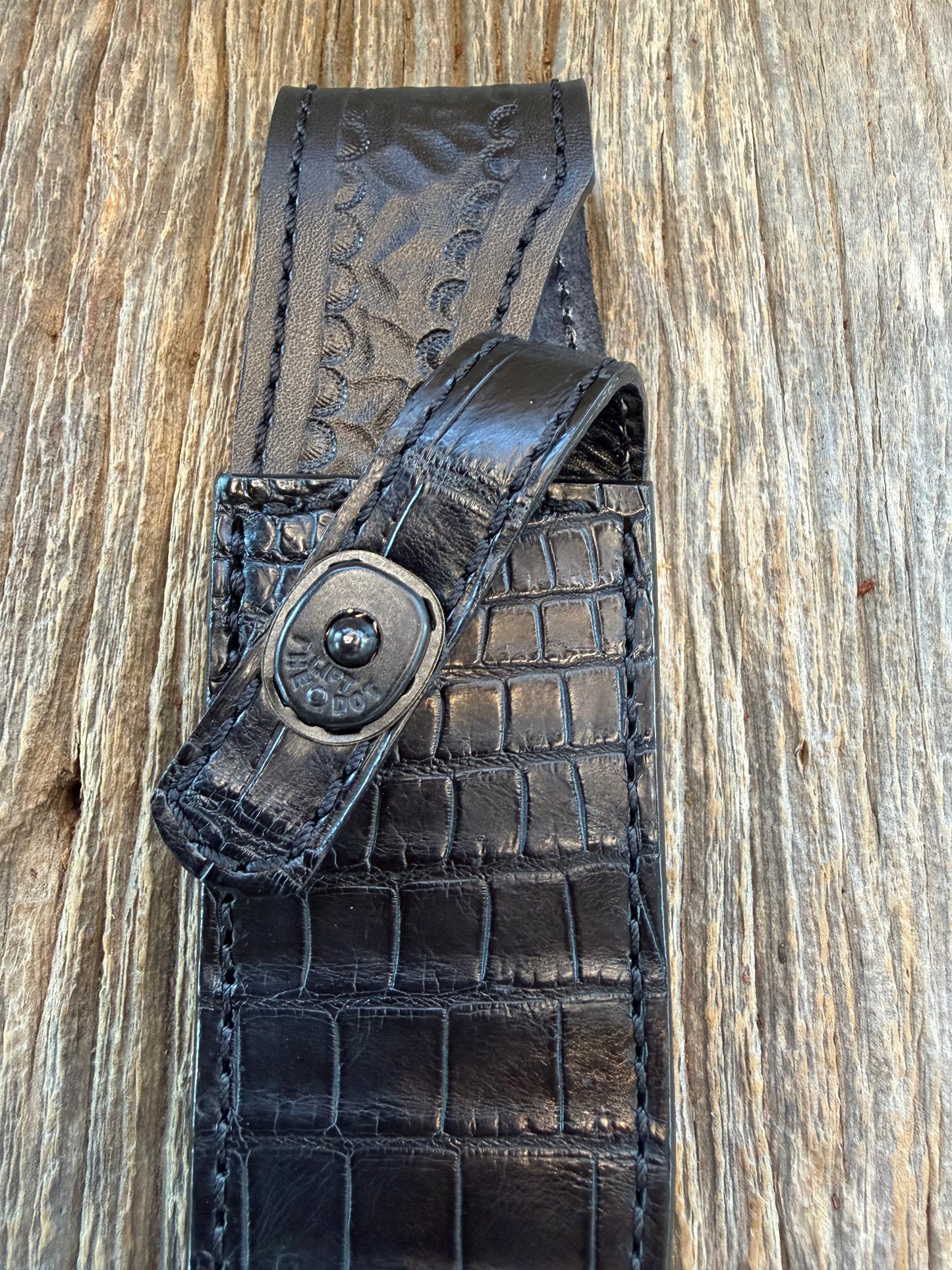 New Randall Model 1-6 Sheath in Exotic Black Crocodile from Treeman. Black canteen Snap .. Johnny Cash Style … All Black.