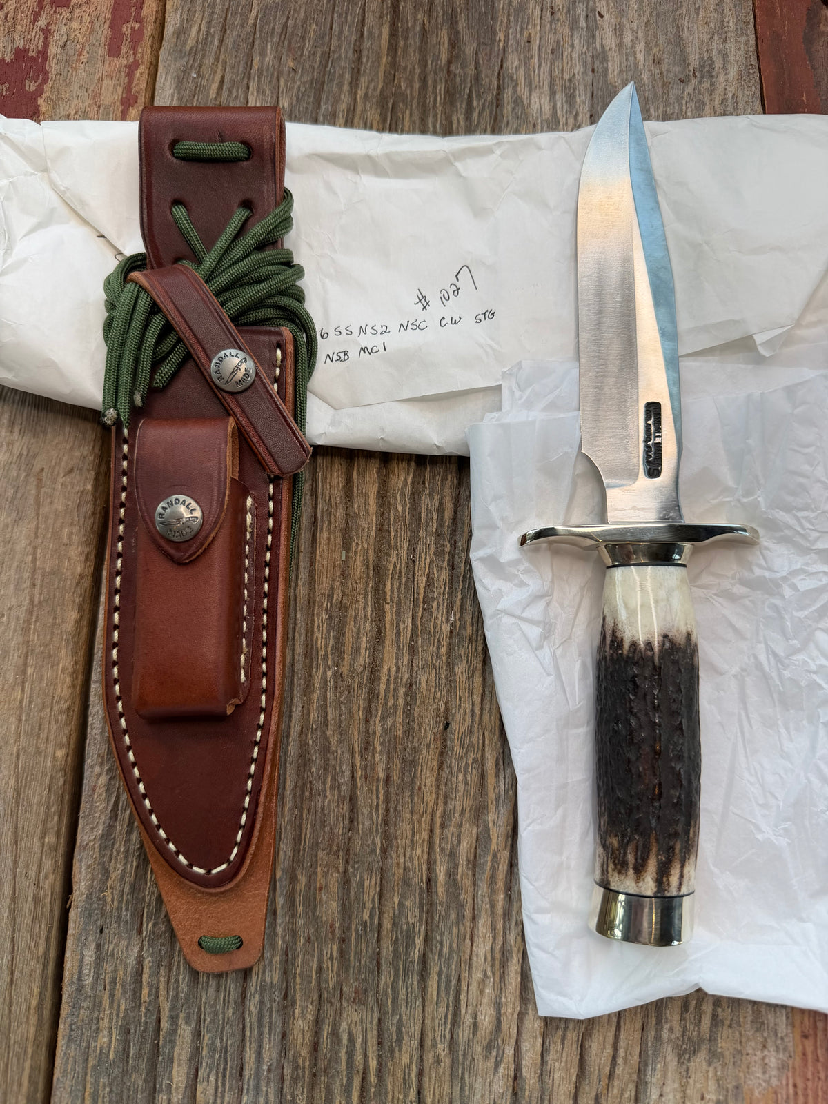 New in Paper Randall Made Knife Model 1-6 Customer supplied Stag Stainless, Nickel silver Hilt and collar and butt cap, loaded!!