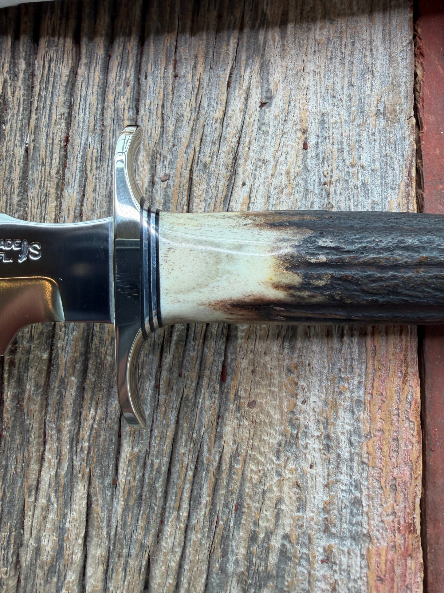 New in Paper Randall Made Knife Model 1-7 Darkened Stag , Stainless, Black and Aluminum spacers, Nickel Silver Hilt, Aluminum butt cap.