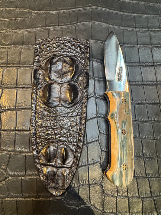 Randall Model Tri Athlete Sheath with Scales Added in Exotic Black Hornback Crocodile (Skull) by Treeman. (Sheath only)