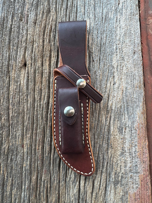 New Randall Sullivans by Gutcher Leather Knife Sheath Model 22 with sharpening stone.