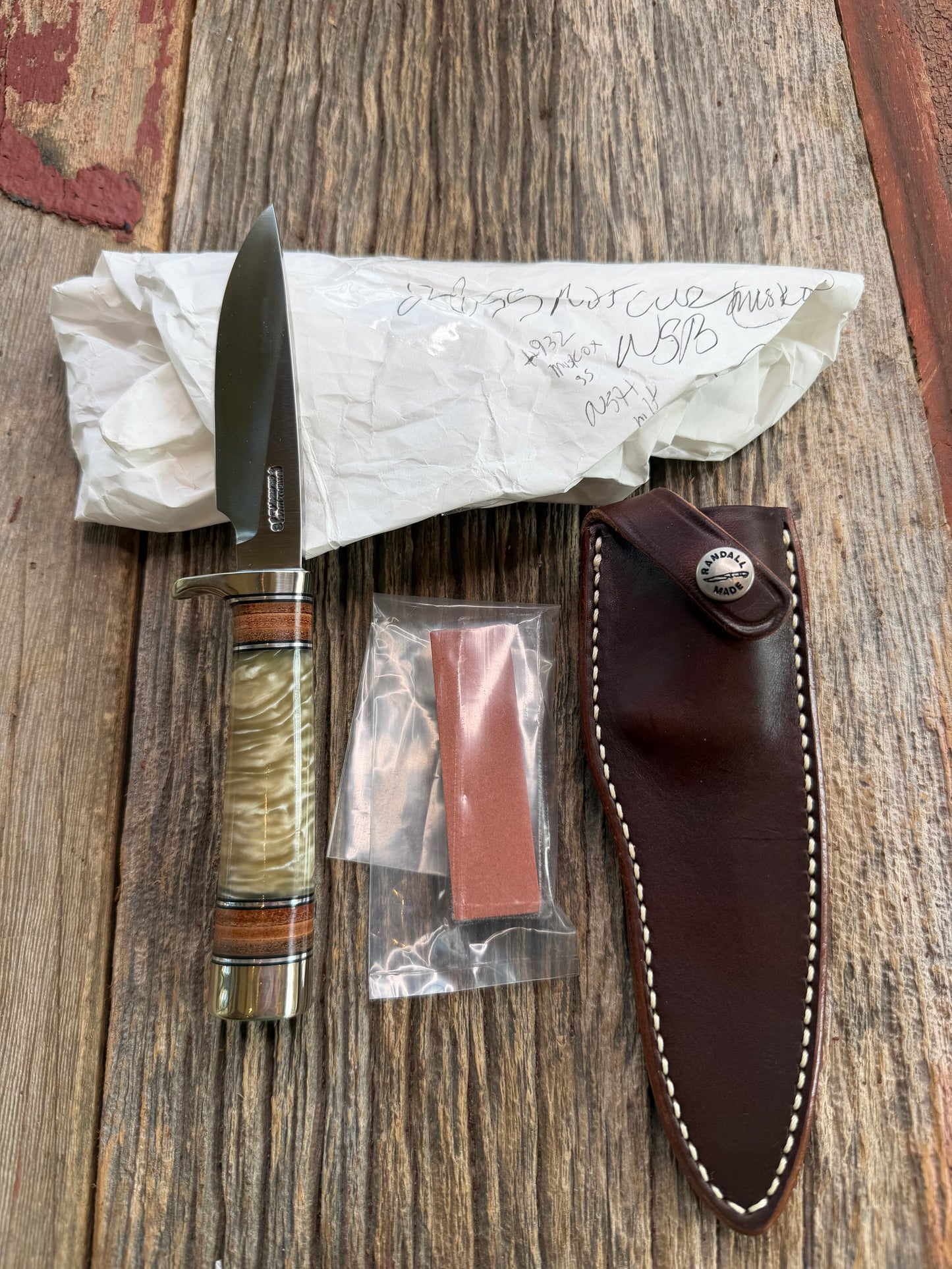 Randall Knife Model 26 Pathfinder (new in paper) Beautiful piece of Musk Ox Black and Aluminum and leather spacers, NSH and buttcap.