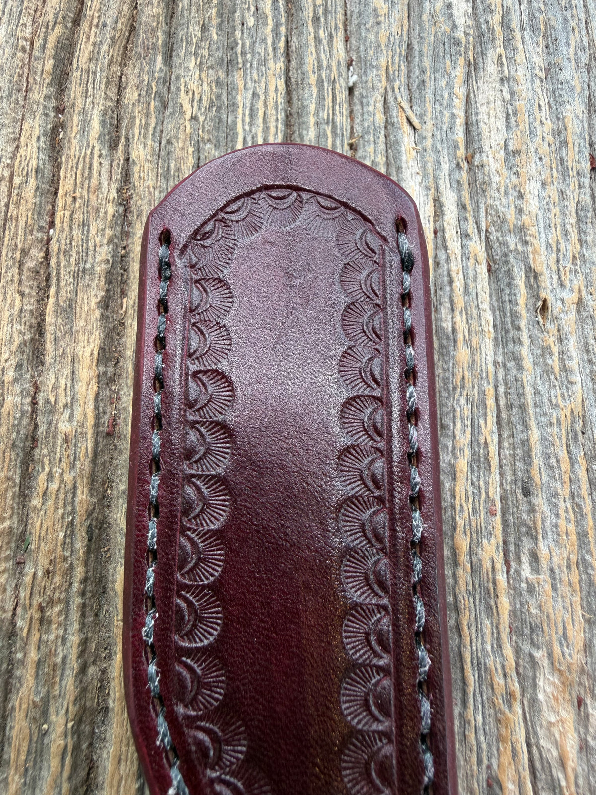 Rare Randall Sullivans by Gutcher Knife Sheath for a Model Tailor. Ox Blood Red leather with a beautiful shell stamp pattern. Randall stamp on the back.