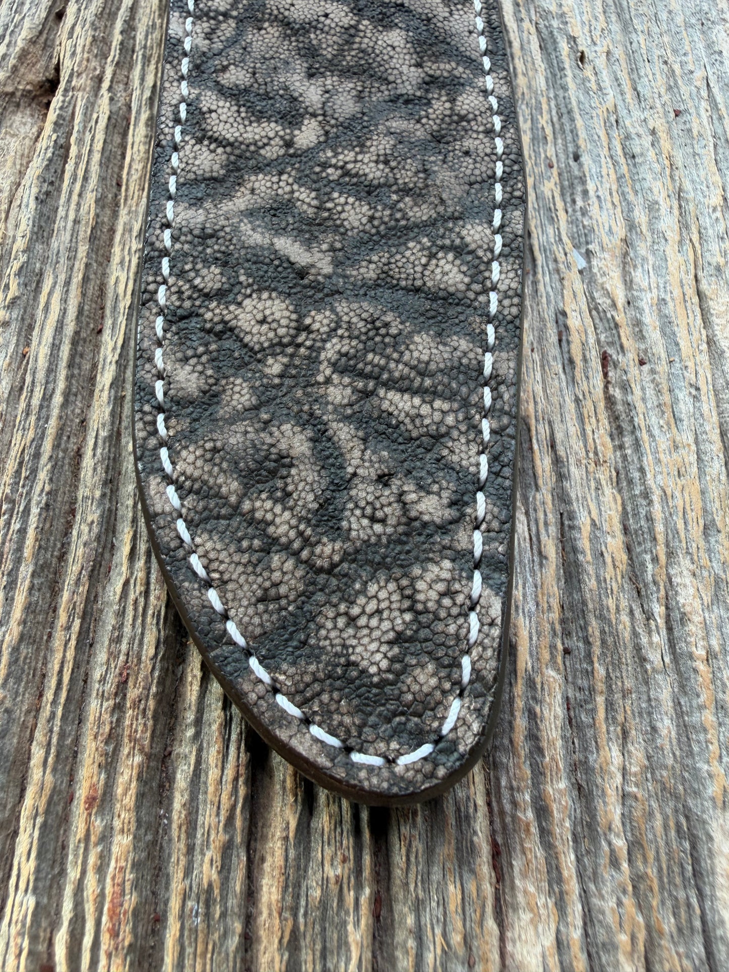 New Randall Model 1-7 Sheath in Exotic thick and textured Black and Grey Elephant Ear  on brown leather from Treeman with a silver Canteen snap. Hand tooled belt loop. Killer sheath.