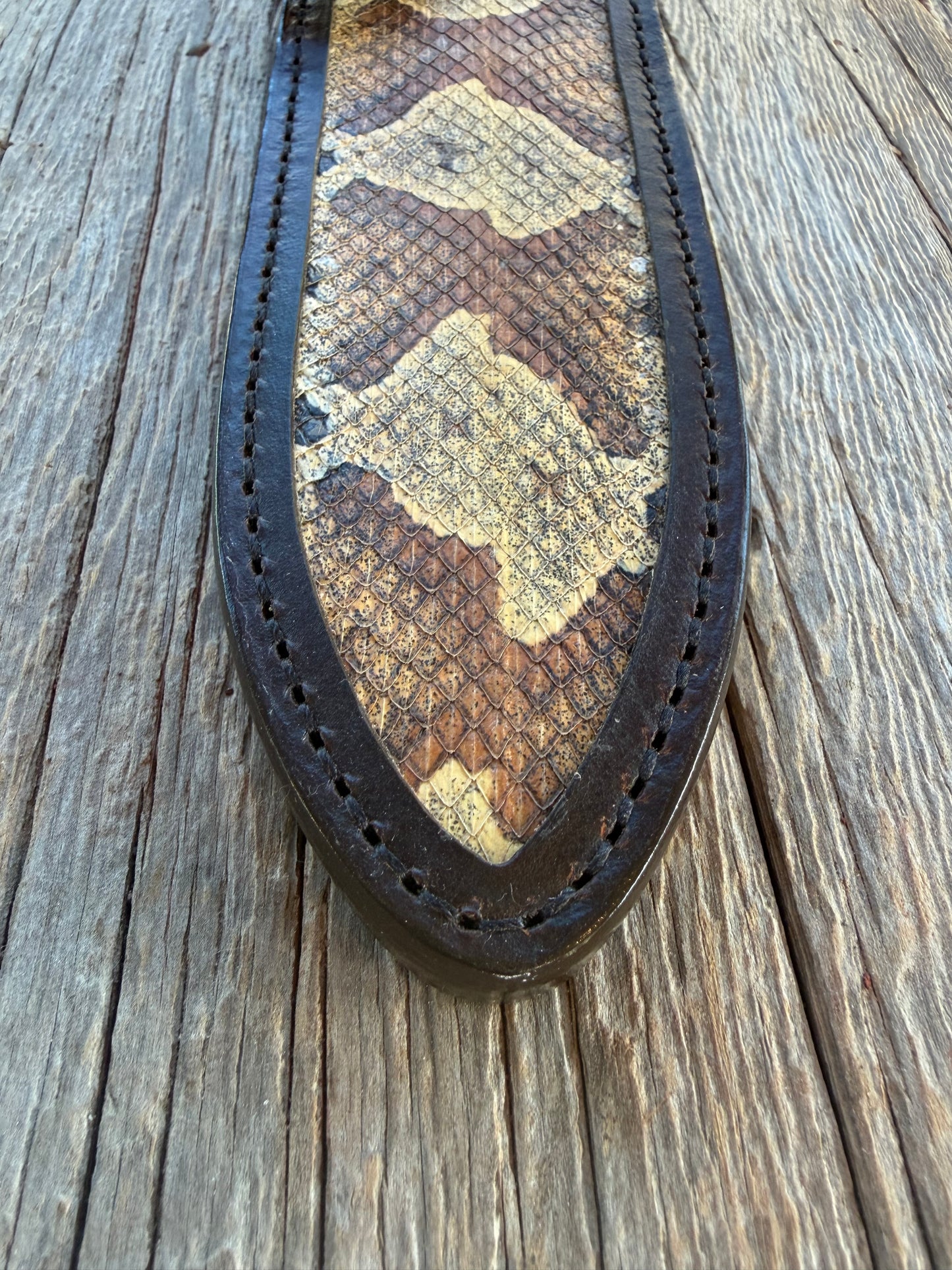 New Randall Model Clinton Special Sheath in Exotic Southern Copperhead from Treeman Sheaths. Black Canteen Snap. Stunning colors and pattern. Very rare skin.