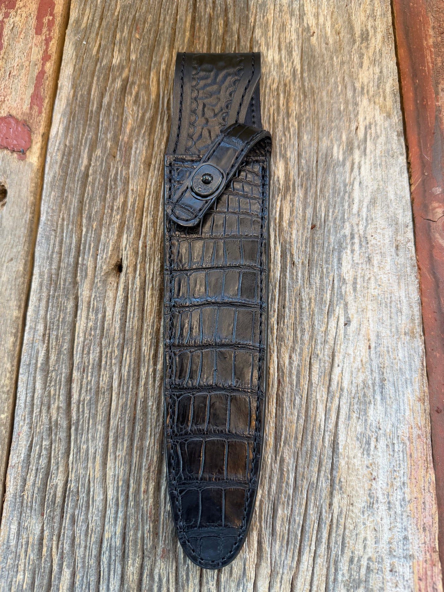 New Randall Model 2-8 Sheath in Exotic Black Crocodile from Treeman. Black canteen Snap .. Johnny Cash Style … All Black.