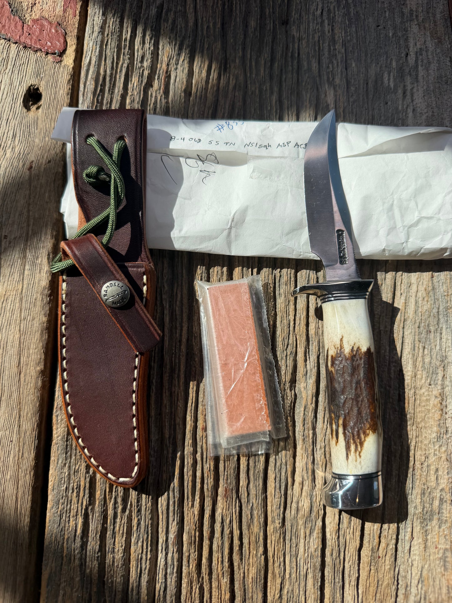 New in Paper Randall Knife Model #8-4 Old Style Trout And Bird Stag Handle, Stainless steel. Aluminum Crows Beak butt cap.