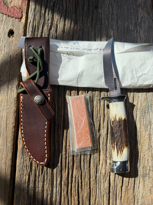 New in Paper Randall Knife Model #8-4 Old Style Trout And Bird Stag Handle, Stainless steel. Aluminum Crows Beak butt cap.
