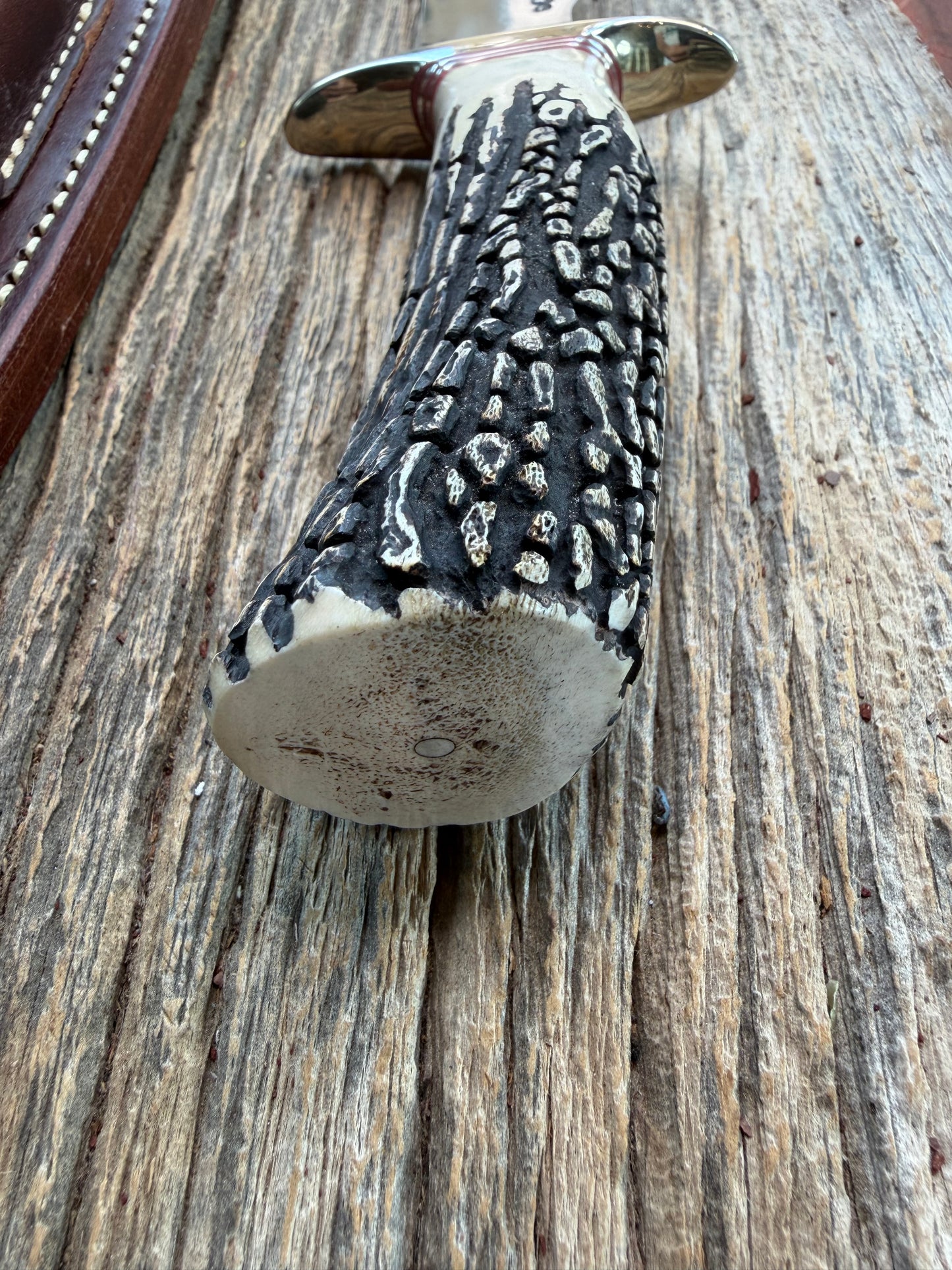Randall Model 1-7 Popcorn Stag Stainless Nickel Silver Hilt Natural end Red and Aluminum Spacers