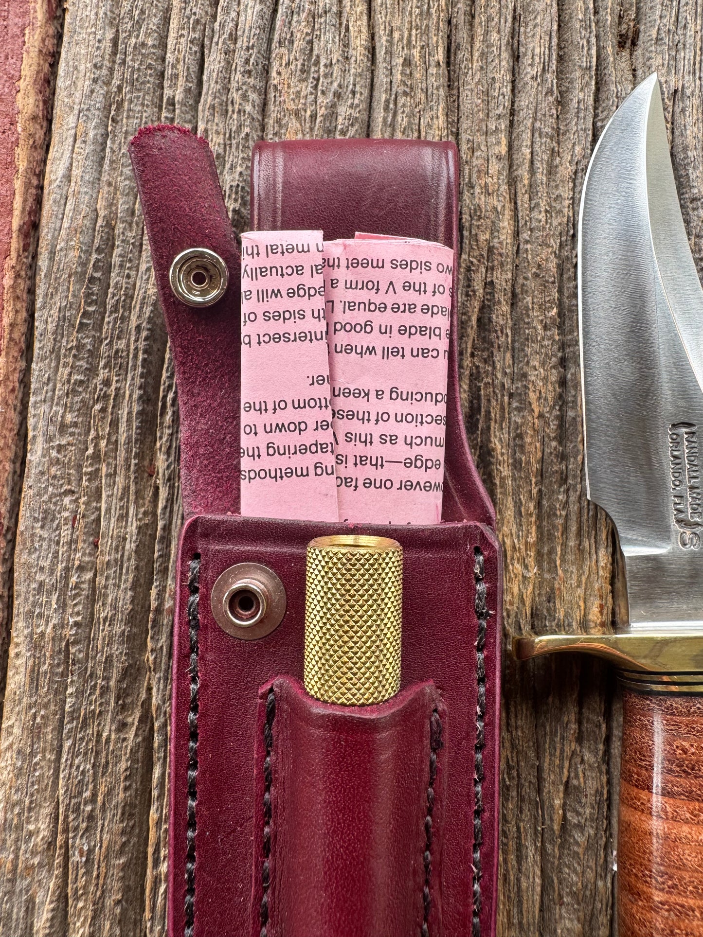 Vintage Randall Stanaback Special. Leather and brass. This is the large Stanaback version with a Stainless 4 1/2” Blade, Brass Single Hilt and Gold & Black Spacers. I have 2 available Serial # 163 and # 164 consecutive numbers. Price is per knife.