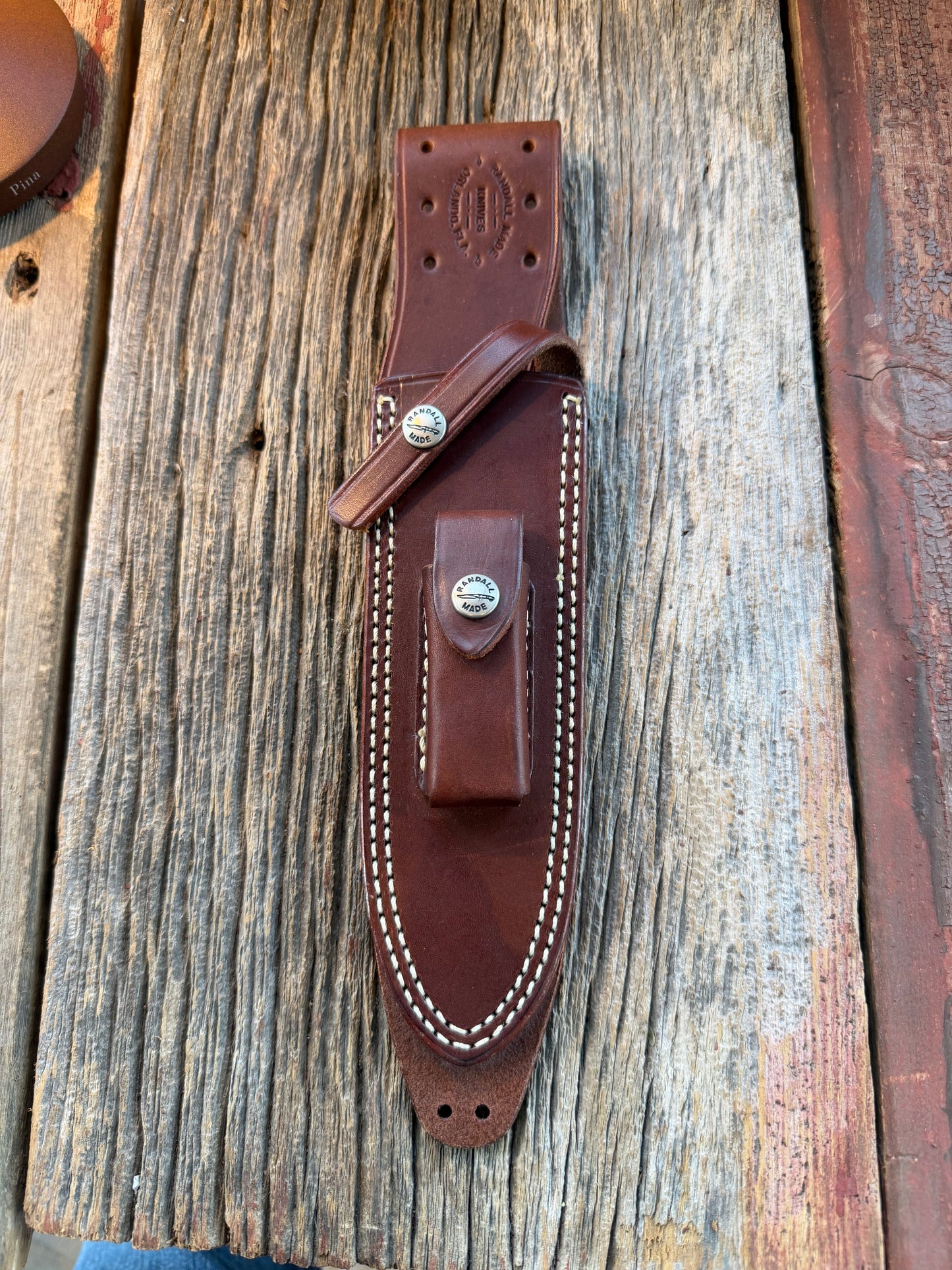 Mint Randall by Gutcher Knife Sheath for a Model 14 or 18-7.5, Randall snaps, double stitched, pouch with stone, lanyards straps as well.