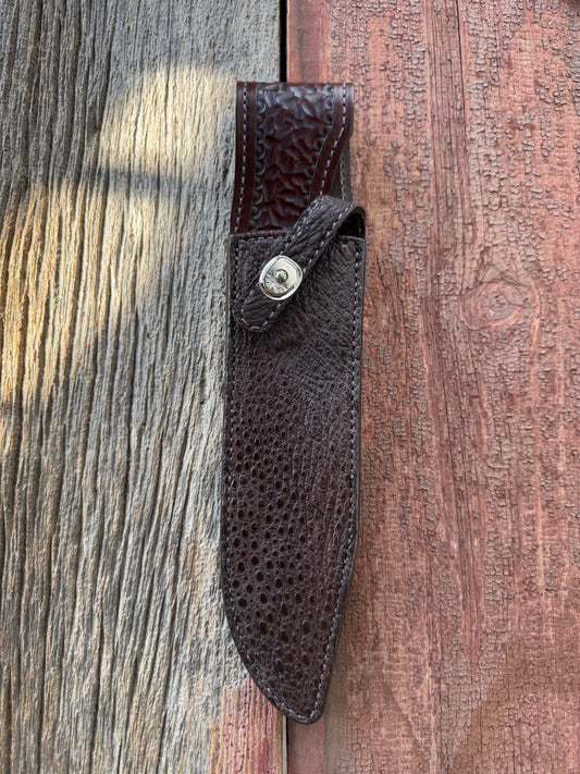 Randall Model 12-9/14 Grind Sheath in Exotic Dark Brown Snapping Turtle by Treeman. Supple tanned leather from the hind quarter.