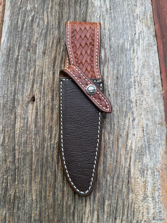 Pristine Randall Model 25-5 sheath in Exotic Cape Buffalo leather from Sullivans by Gutcher. Heavily tooled belt loop and strap. Randall snap and clean stamping on the back … perfect!!