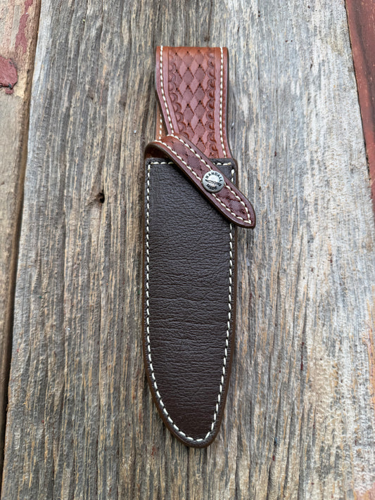 Pristine Randall Model 25-6 sheath in Exotic Cape Buffalo leather from Sullivans by Gutcher. Heavily tooled belt loop and strap. Randall snap and clean stamping on the back … perfect!!