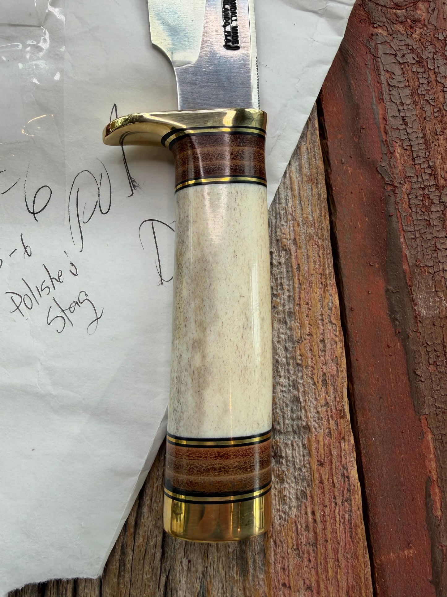 New in paper Randall Knife Model 25-6 Trapper in Polished Stag Leather Handle Stainless Blade, brass Hilt