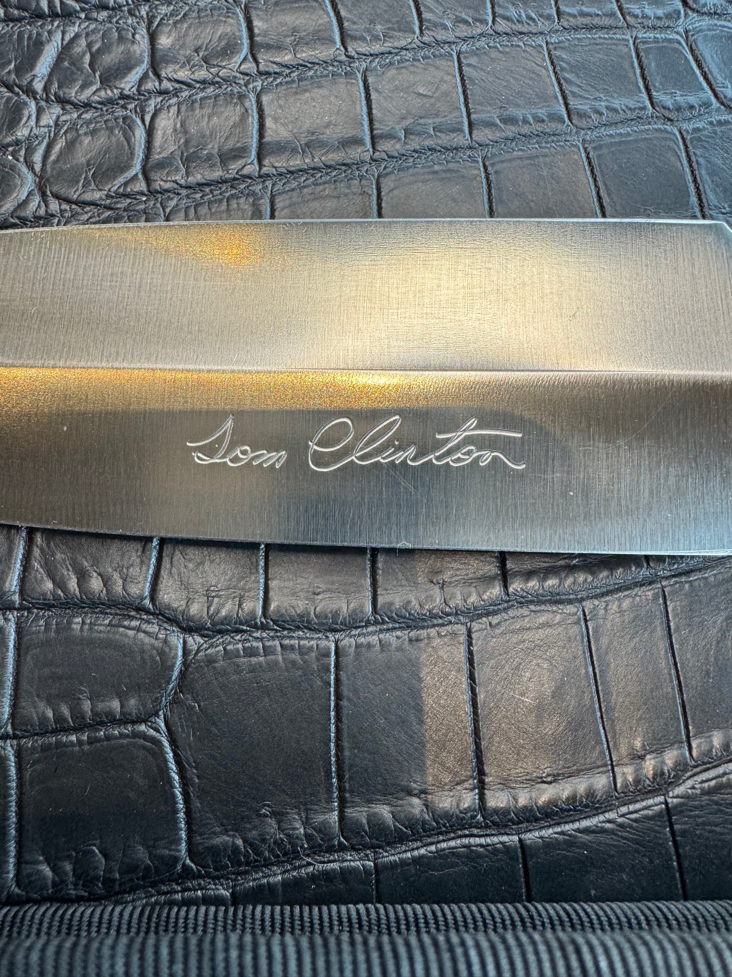 Randall Tom Clinton Dealer Special. Clinton Blade etched Commemorative 1/100 in a nice piece of Walnut. Very cool matching Elephant Gutcher sheath. Nickel Silver Hilt and Aluminum Coolie Butt cap. Included in black facsimile Tom Clinton case.