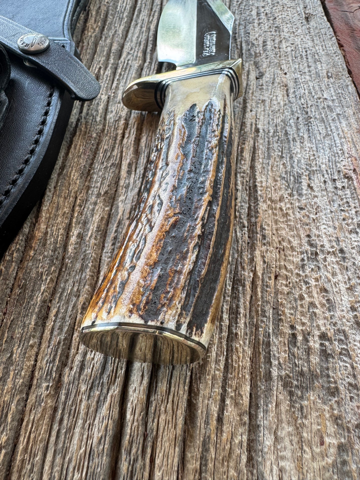 Randall Model 19-5 with a ruff and rustic piece of Stag. Nickel silver Single Hilt and Butt plate.