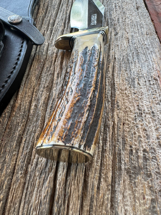 Randall Model 19-5 with a ruff and rustic piece of Stag. Nickel silver Single Hilt and Butt plate.