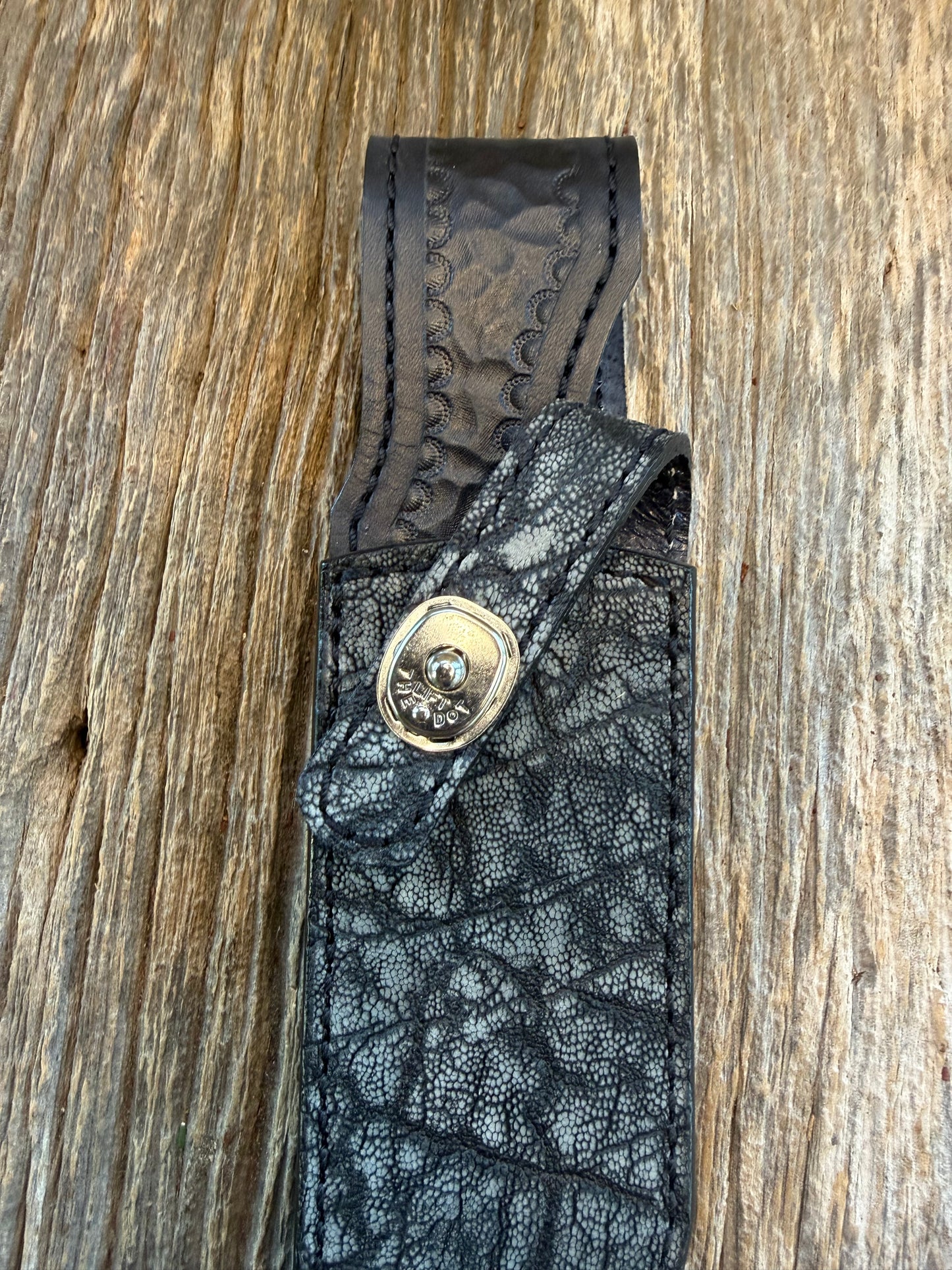 Randall Model Buxton Fighter “Dealer Special” Exotic Sheath in Black Elephant Trunk by Treeman.