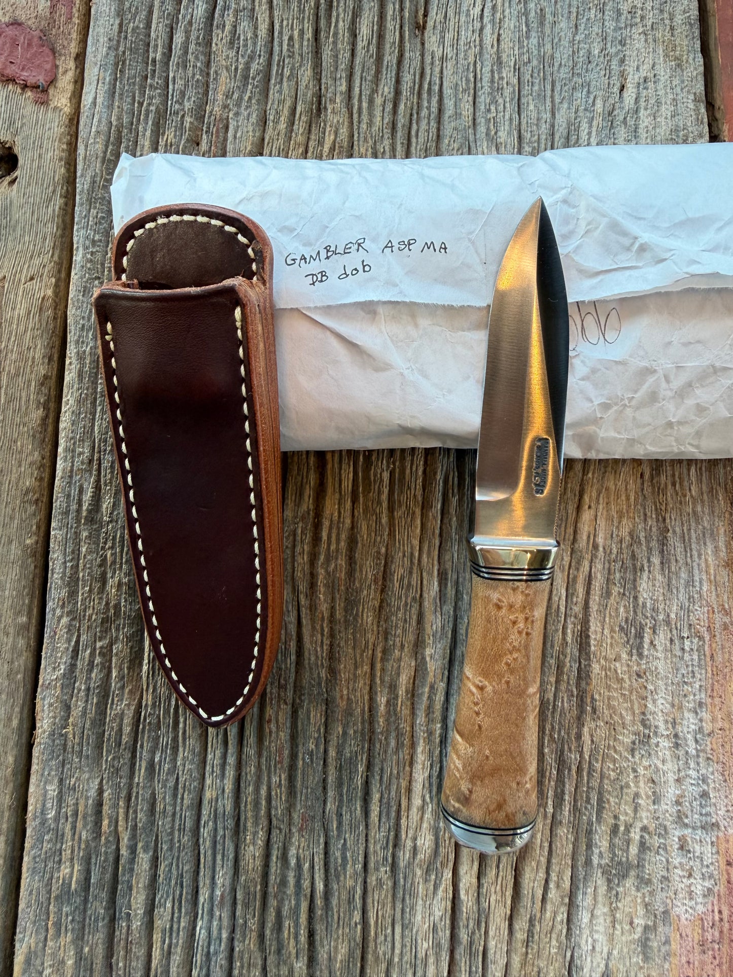 New in Paper Randall Model “Gambler” 4 Inch in Maple Wood, Nickel hilt, Stainless, black and aluminum spacers.