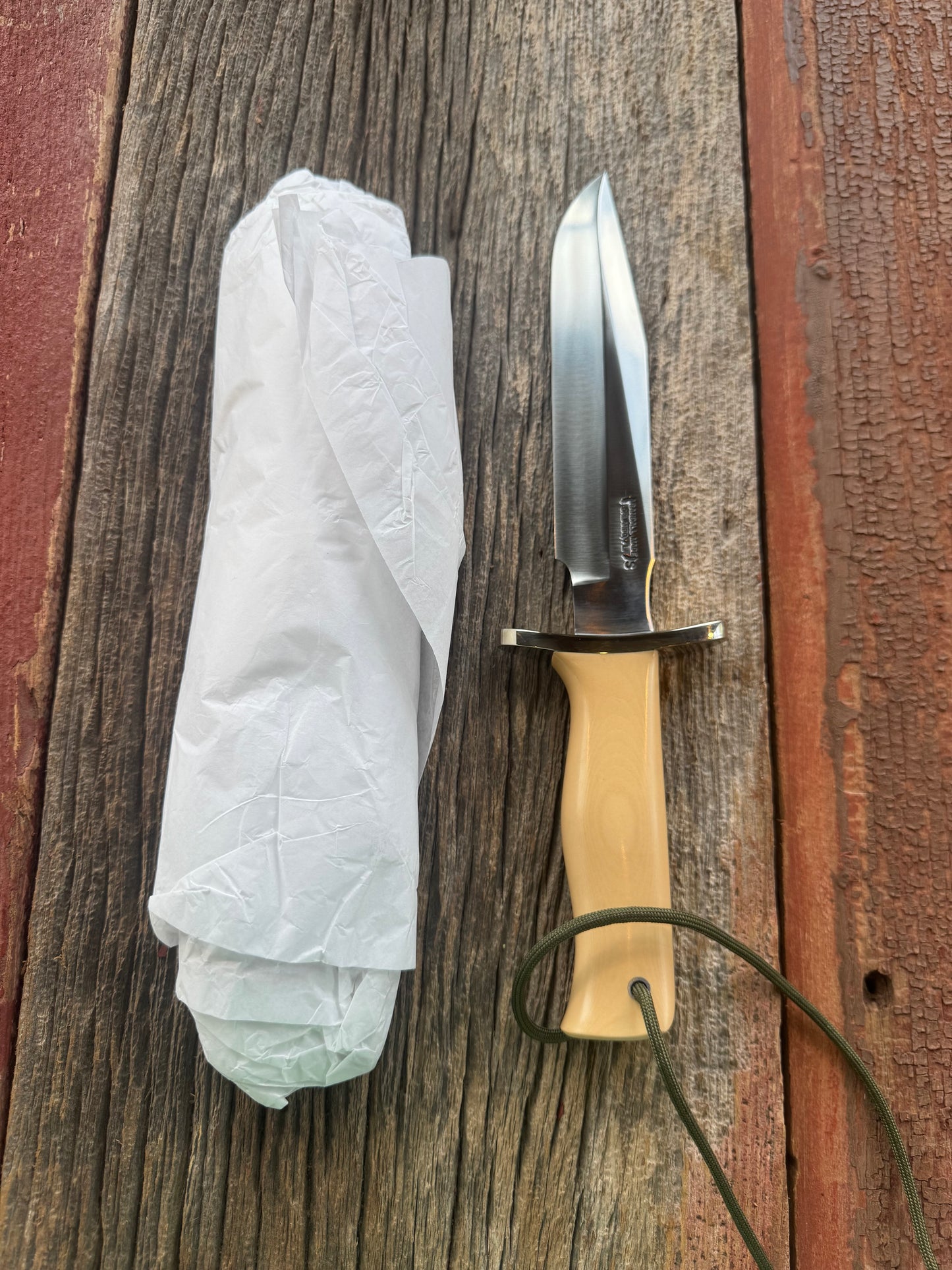 Randall Model 16-7 in Tan Micarta. Nickel Silver Hilt, Stainless steel and Lanyard. New in Paper.