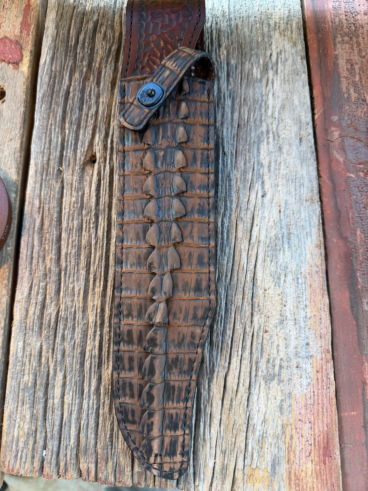 New Randall Model Confederate Sheath in Exotic Dark Brown Sueded Crocodile Tail from Treeman with the newest Black Canteen snap.