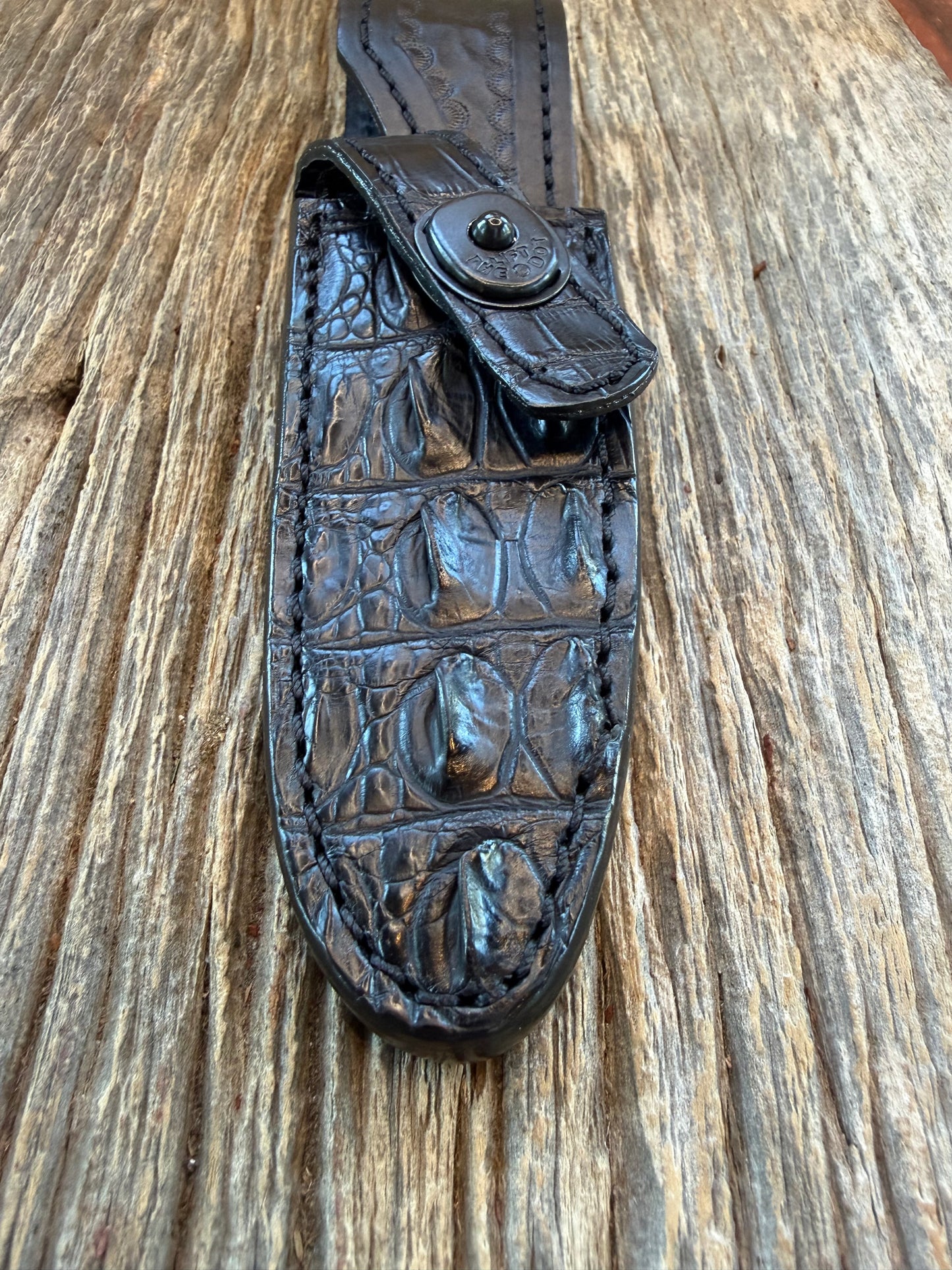 New Randall Model 8-4 Sheath in Exotic Black Crocodile tail from Treeman. Black canteen Snap .. Johnny Cash Style … All Black.