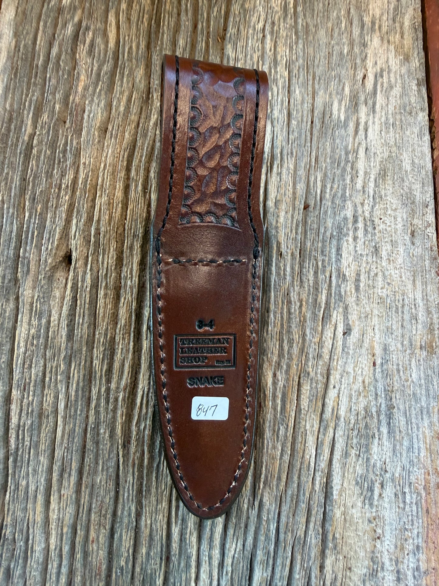 Randall Model 27 Sheath in Exotic Southern Copperhead from Treeman Sheaths. Black Canteen Snap. Stunning colors and pattern.