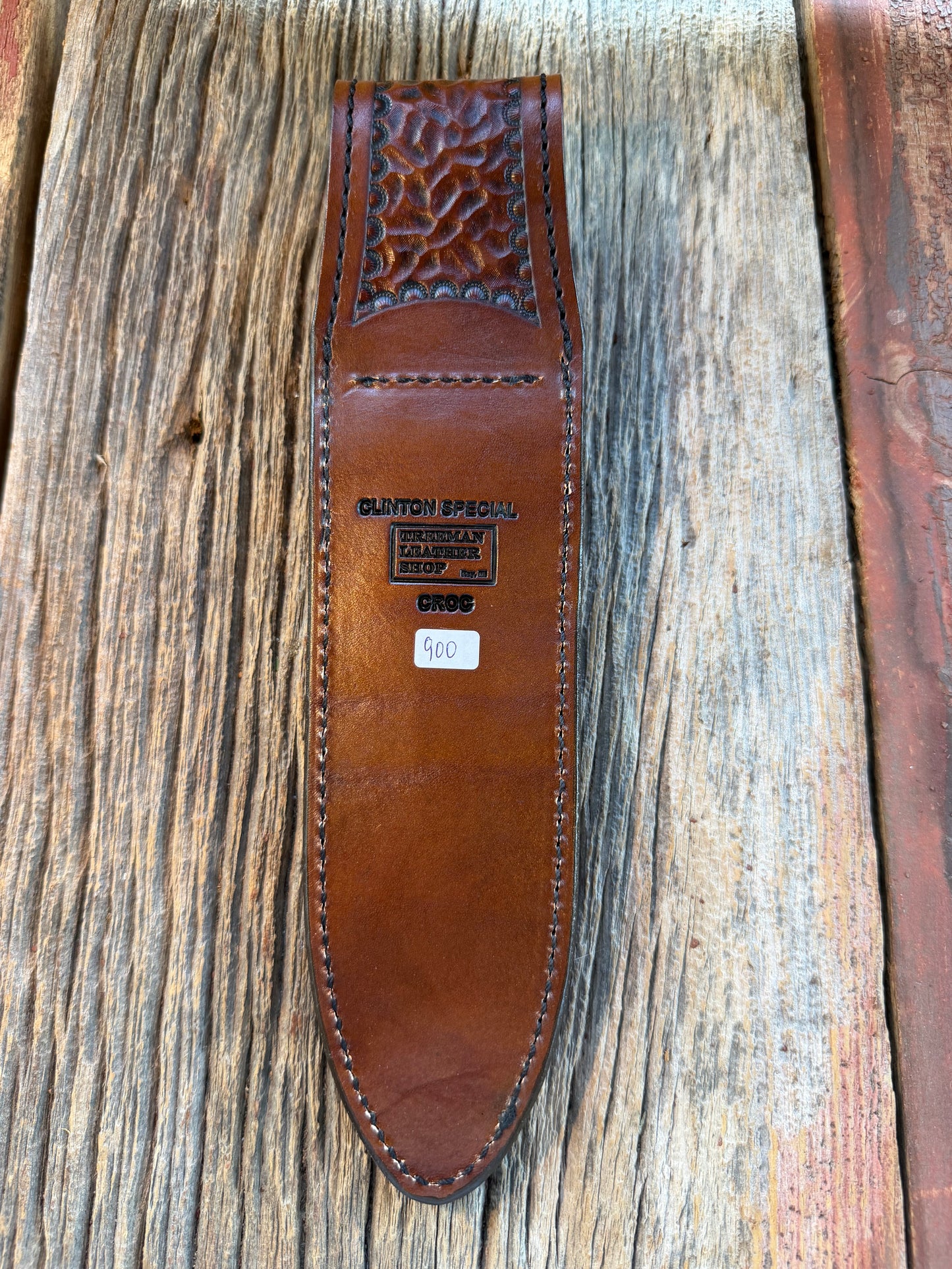New Randall Model Clinton Special Sheath in Exotic Tan Matte Crocodile from Treeman with the newest Black Canteen snap.