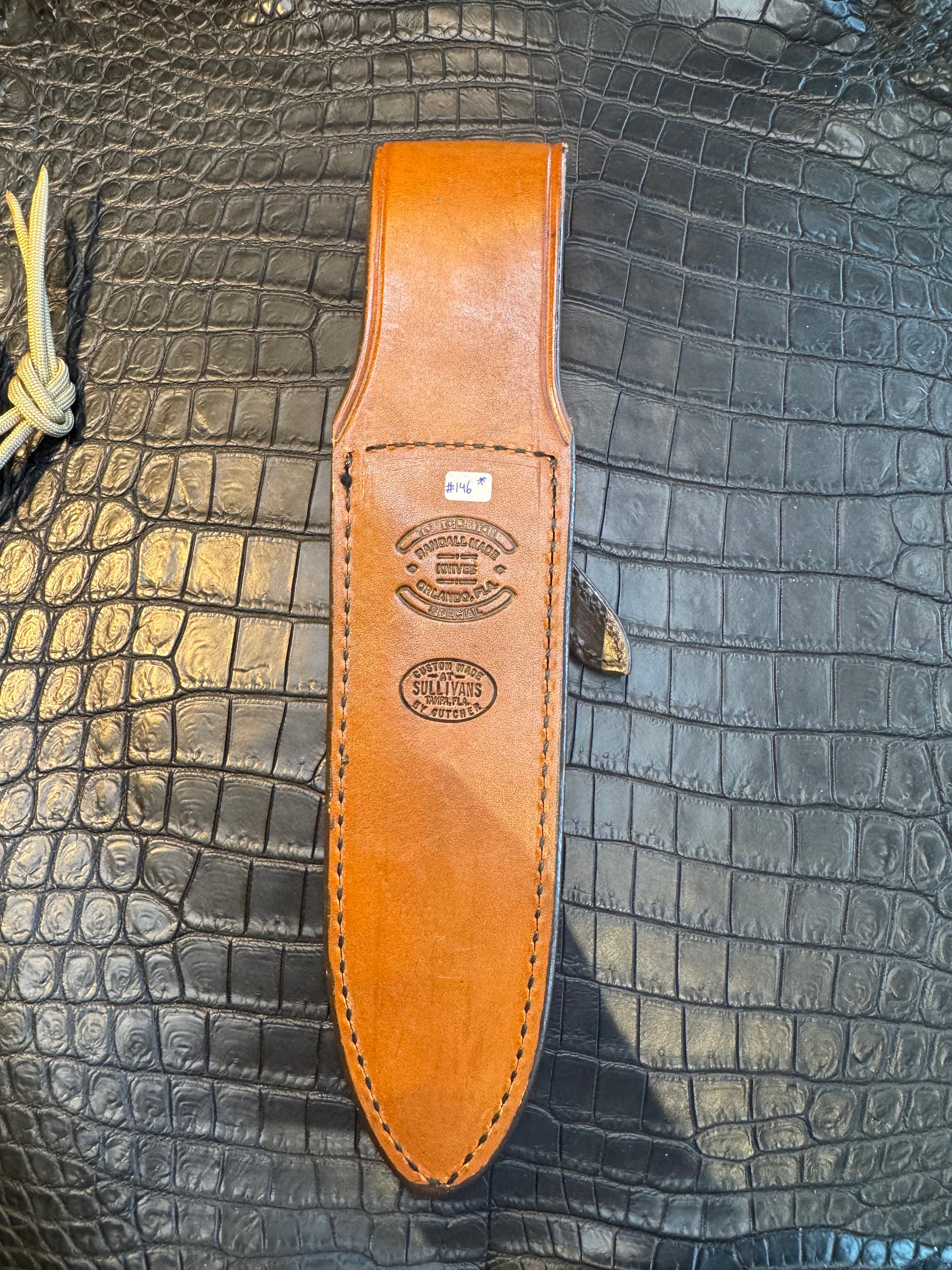 Randall Model Clinton Special Sheath in Exotic Brown Crocodile Custom Made at Sullivan’s by Gutcher.