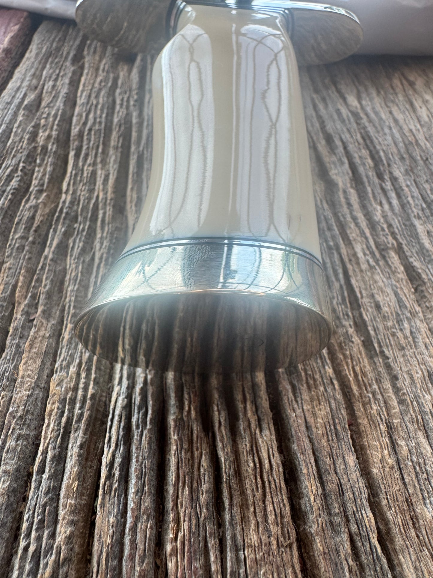 New in Paper Model 12-11 Smithsonian “Smitty” Bowie. Beautiful creamy Fossil Walrus Ivory with a single finger grip and a Nickel  Silver forward curved hilt and butt cap. Unreal Scrim opportunity!! Blank Canvas..