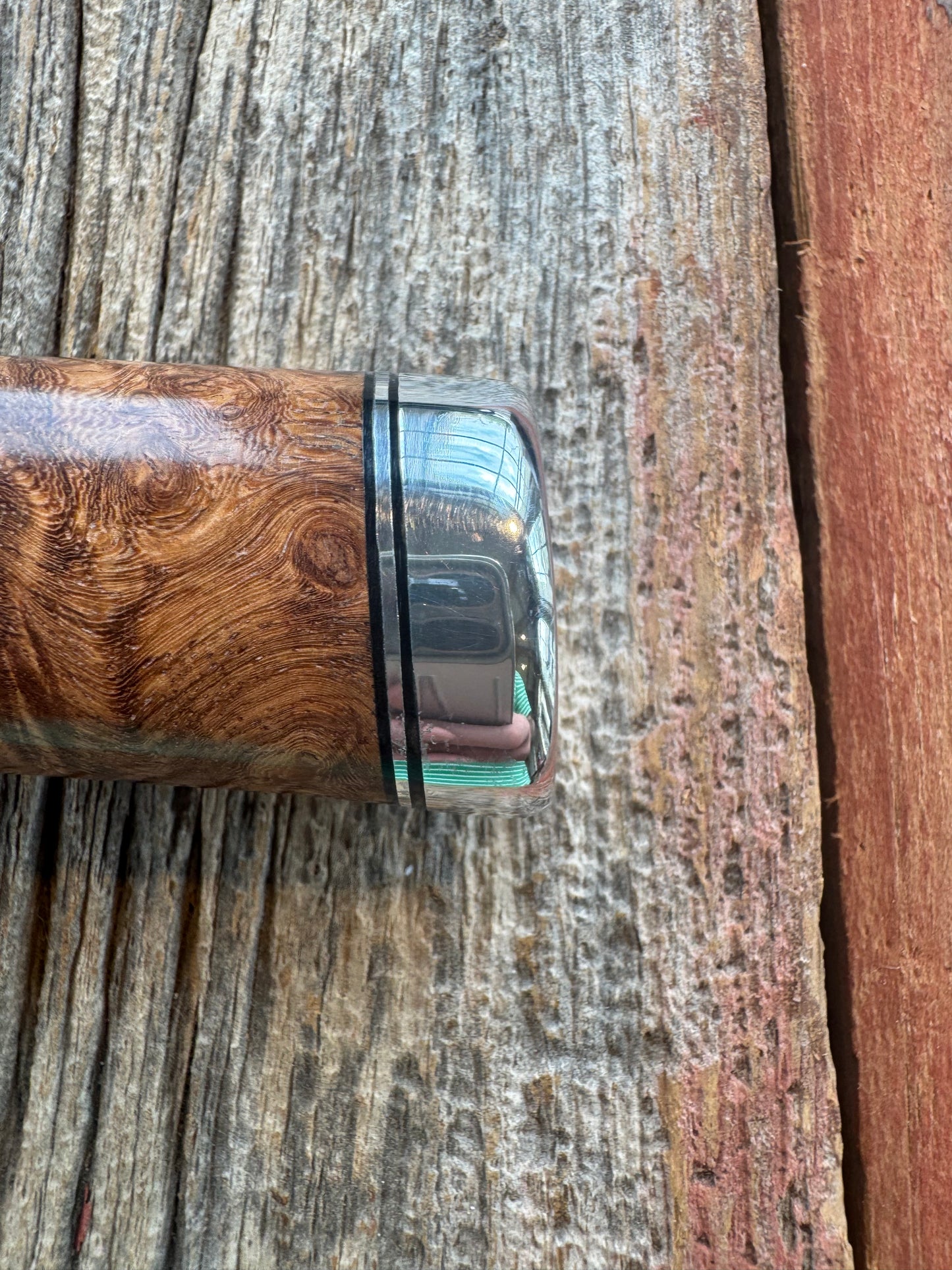 Randall Knife Model 23 Amboyna Burl wood Handle, Stainless Steel blade, Nickel Silver hilt and Butt cap. Exotic Zebra Sheath.