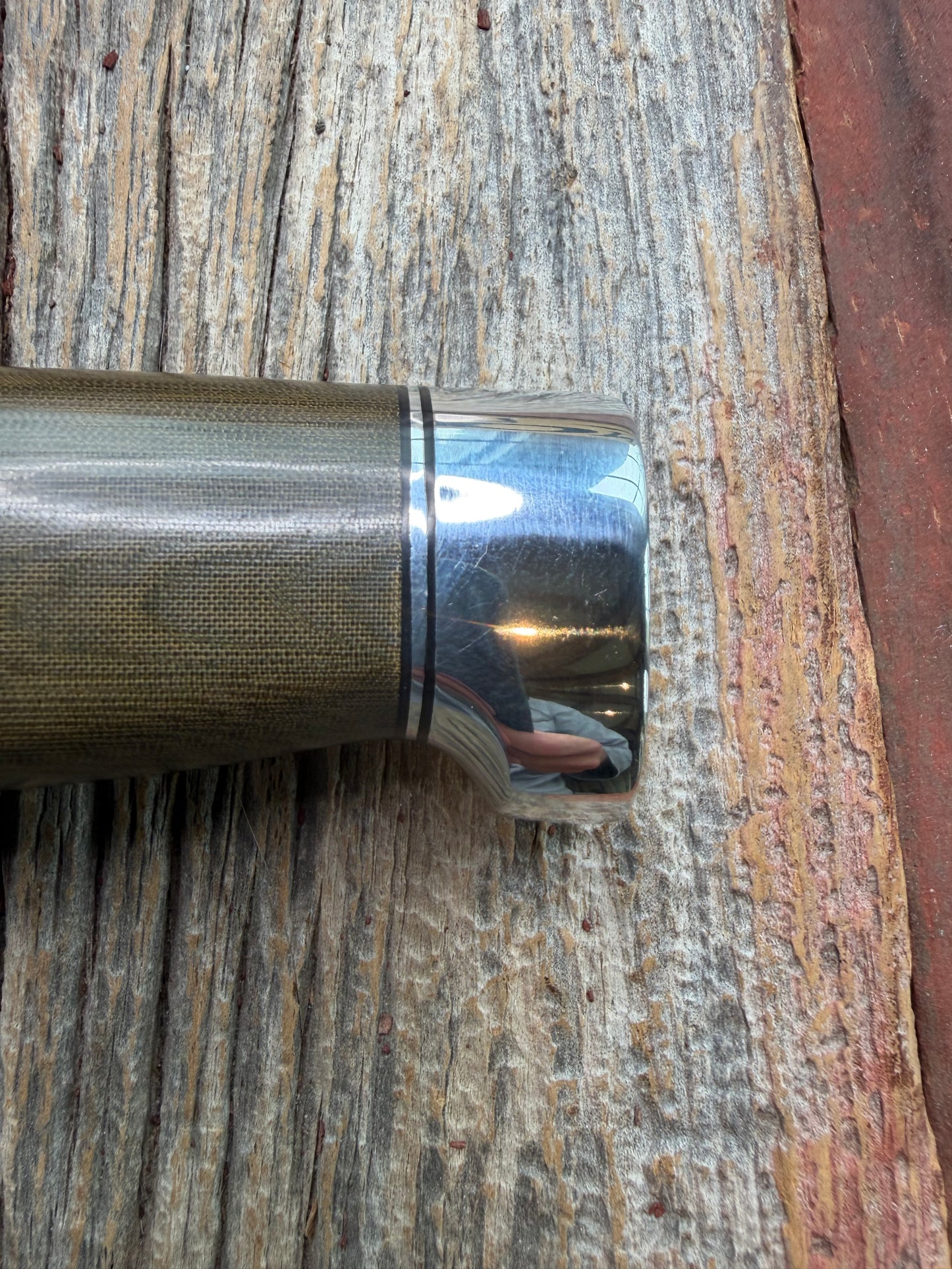 New in Paper Randall Model 19-5 Bushmaster with a Green Micarta handle. Stainless steel blade, Nickel silver hilt. Brown leather sheath. Crows Beak Aluminum handle.