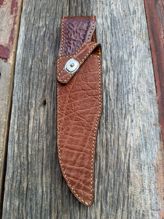 New Randall Model 12-8 Big Bear Sheath in Exotic thick and textured Rust colored Elephant hide on brown leather from Treeman with a silver Canteen snap. Hand tooled belt loop. Killer sheath.