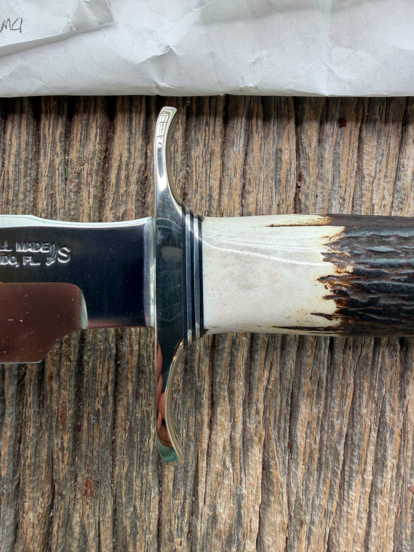 New in Paper Randall Made Knife Model 1-8 Stag , Stainless, Black and Aluminum spacers, Nickel Silver Hilt, Aluminum butt cap.