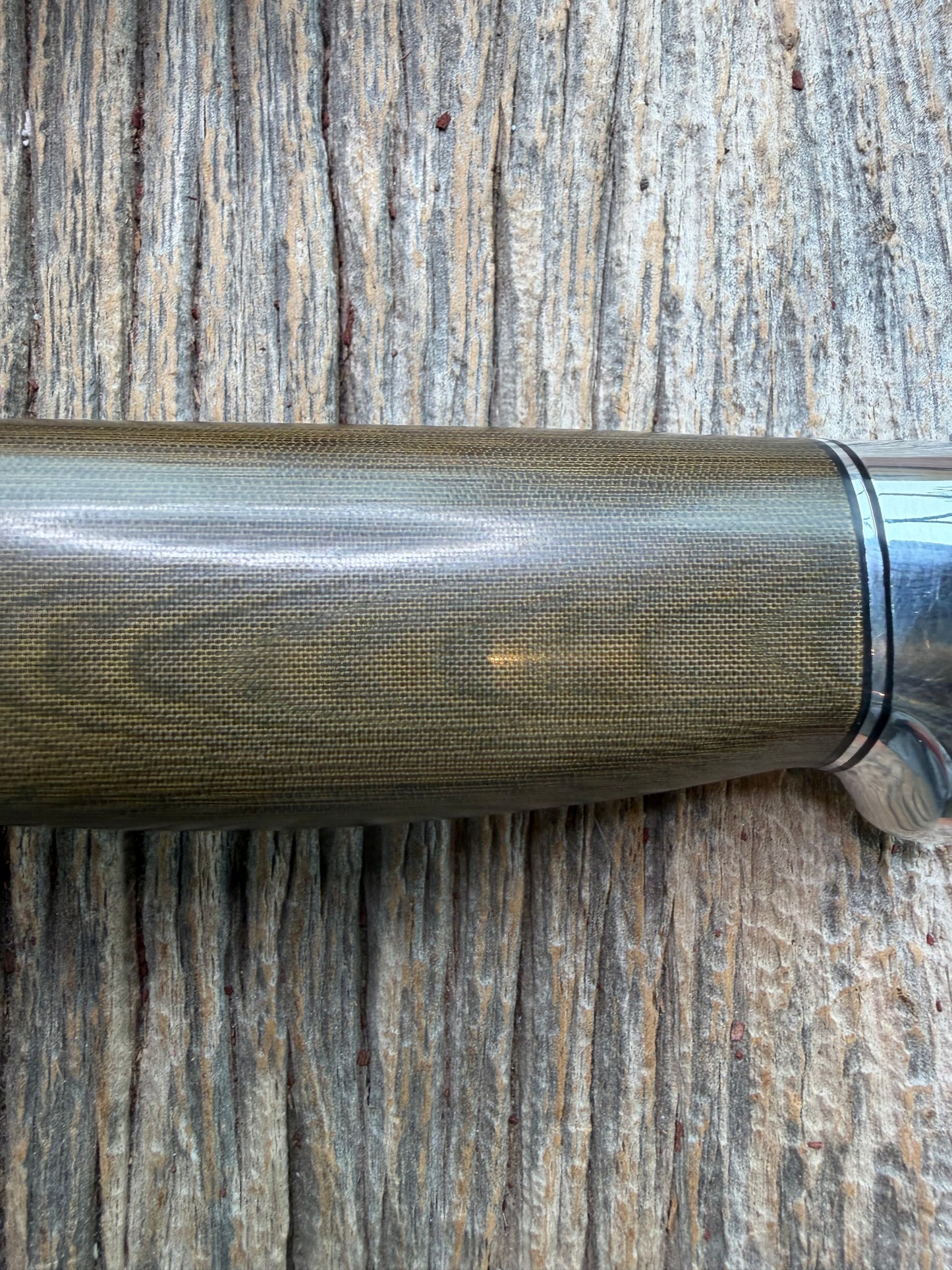 New in Paper Randall Model 19-5 Bushmaster with a Green Micarta handle. Stainless steel blade, Nickel silver hilt. Brown leather sheath. Crows Beak Aluminum handle.