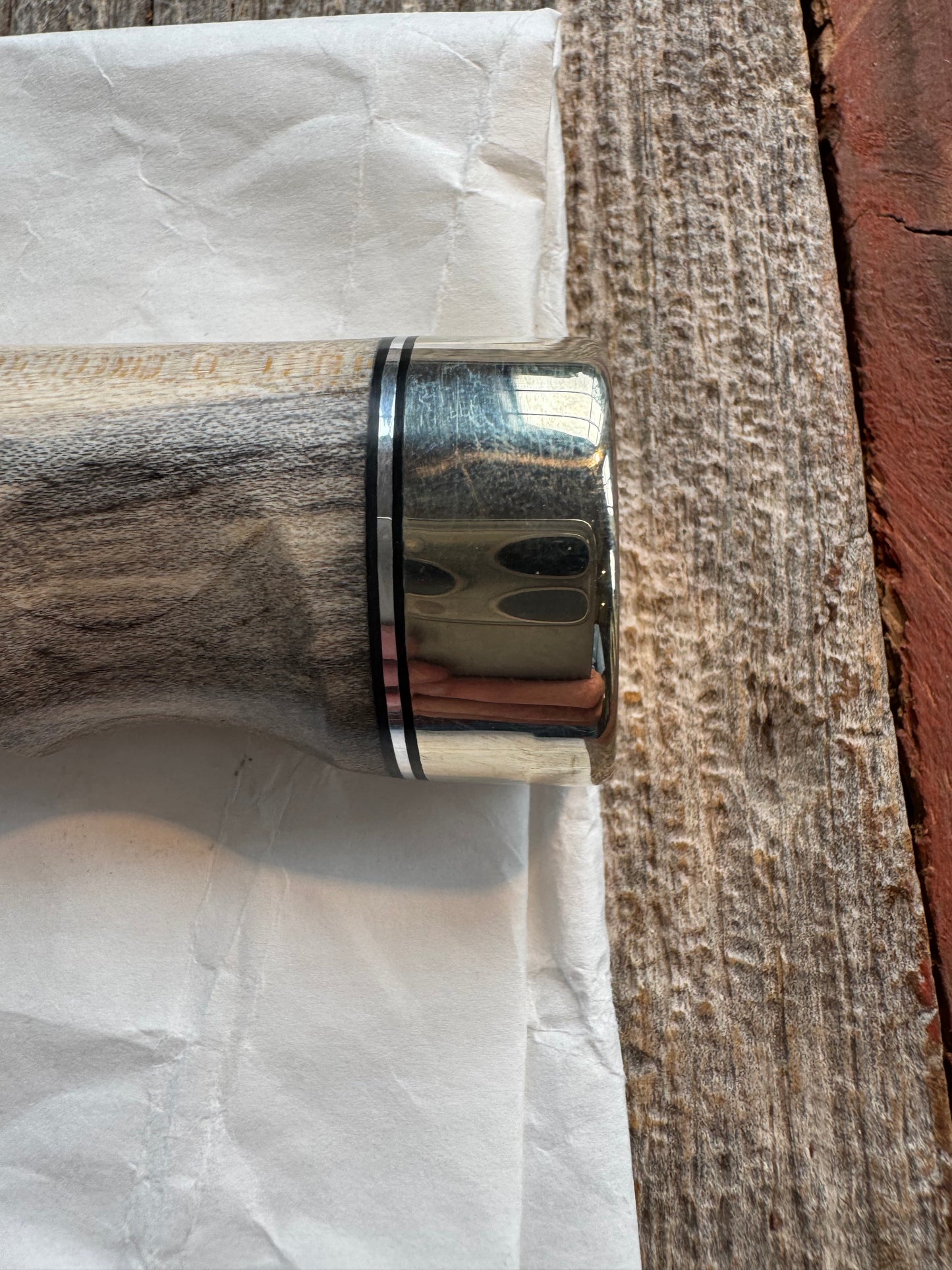 New in Paper Randall Non Catalog Model Sergeants Special, Maple handle with finger grooves. Carbon blade, Nickel silver single hilt and butt cap. Brown leather sheath.