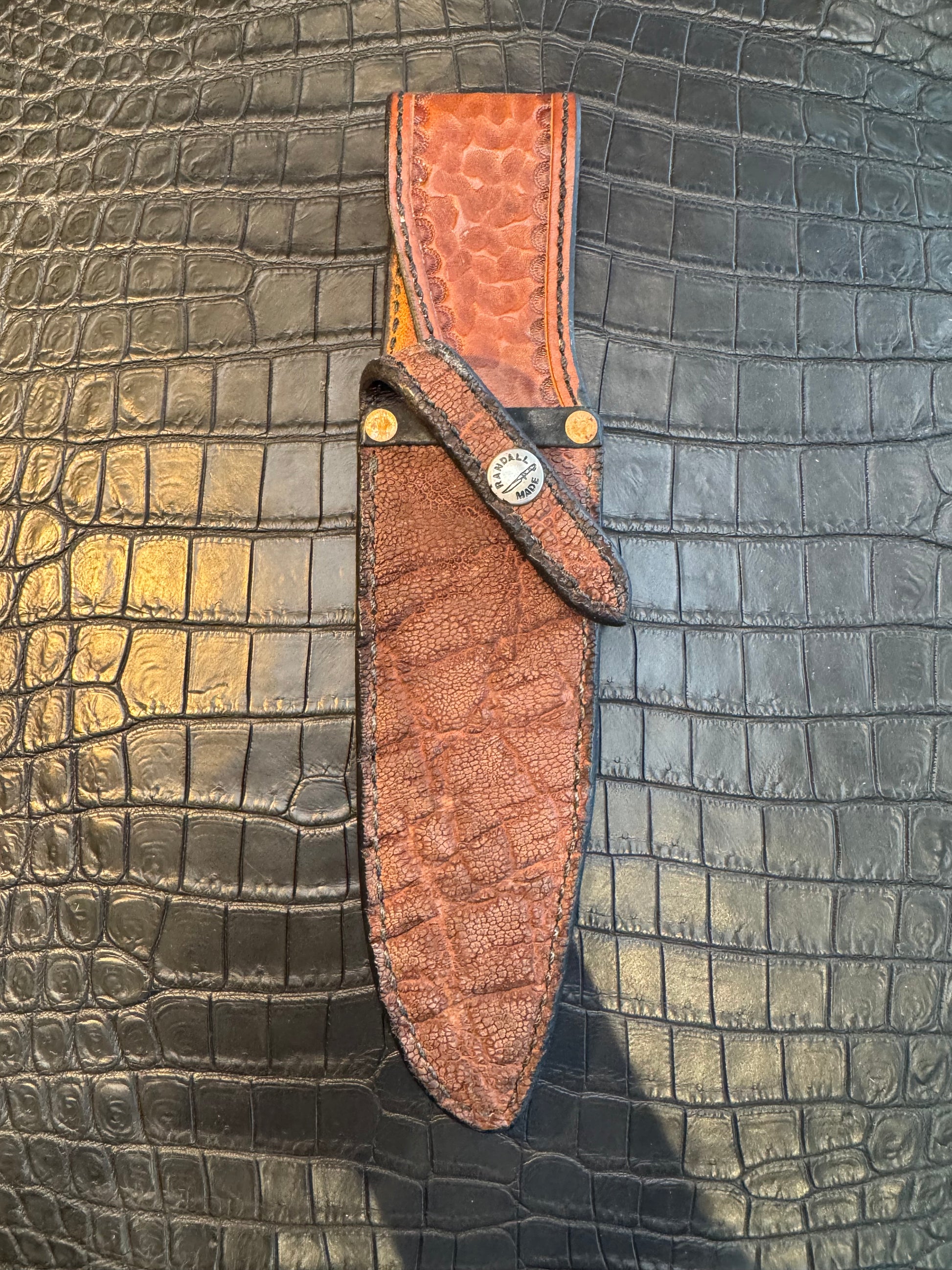 Randall Model 25-6 Sheath in Exotic Thick Brown Elephant Custom Made at Sullivan’s by Gutcher.