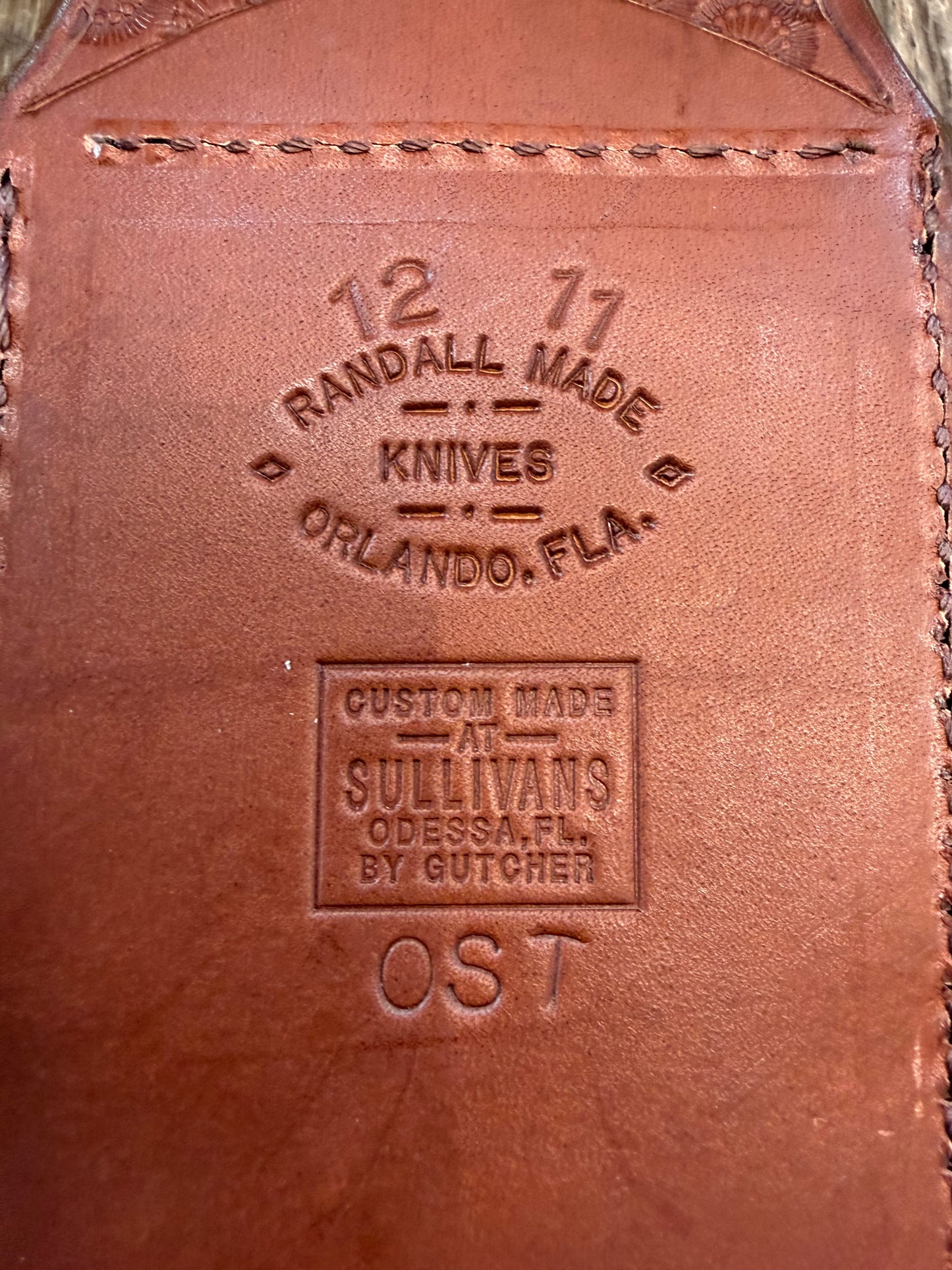 New Randall Model 12-11 Smithsonian “Smitty” Sheath in Exotic cream colored Ostrich Leg ( very rare) Custom Made at Sullivan’s by Gutcher.