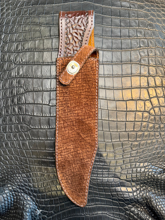 Randall Model 12-9 Bowie Clip Point in Chocolate Hippo, forward curved hilt, Canteen Snap, full brass stamping and stitching.