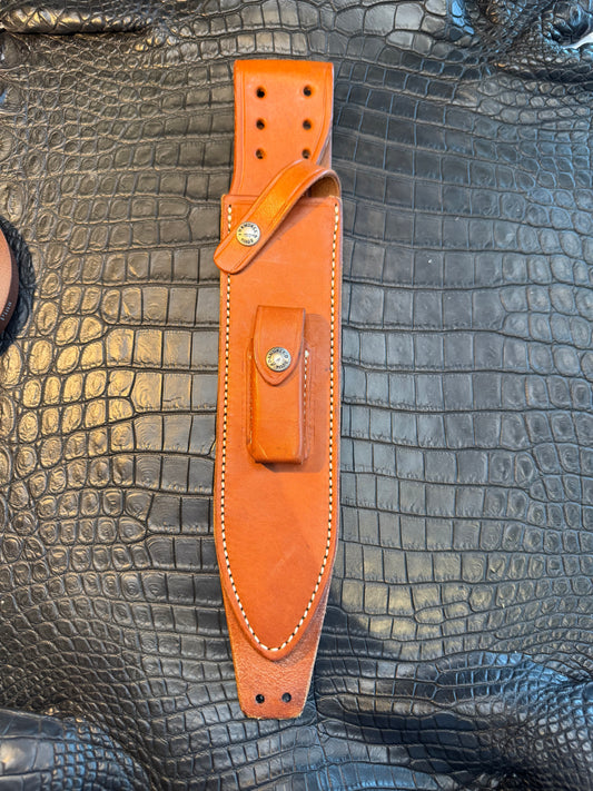 Randall Model 12-9 Sheath (with Stone) in Tan Leather made at Sullivans by Gutcher in Tampa Florida. Official sheath maker for Randall Knives.