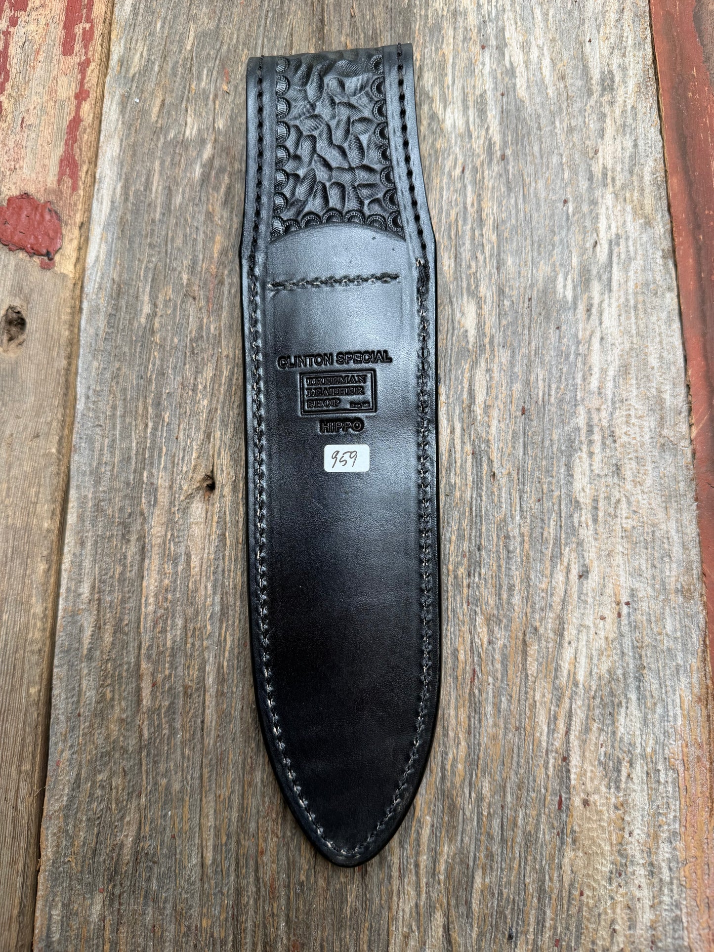 Randall Model Clinton Special in Black Hippo, forward curved hilt, black Canteen Snap, full brass stamping and stitching.