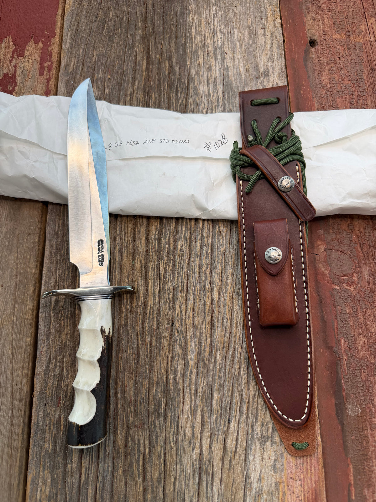 New in Paper Randall Made Knife Model 1-8 Stag with finger grooves handle, Stainless, Nickel silver Hilt, black and aluminum spacers, loaded!!