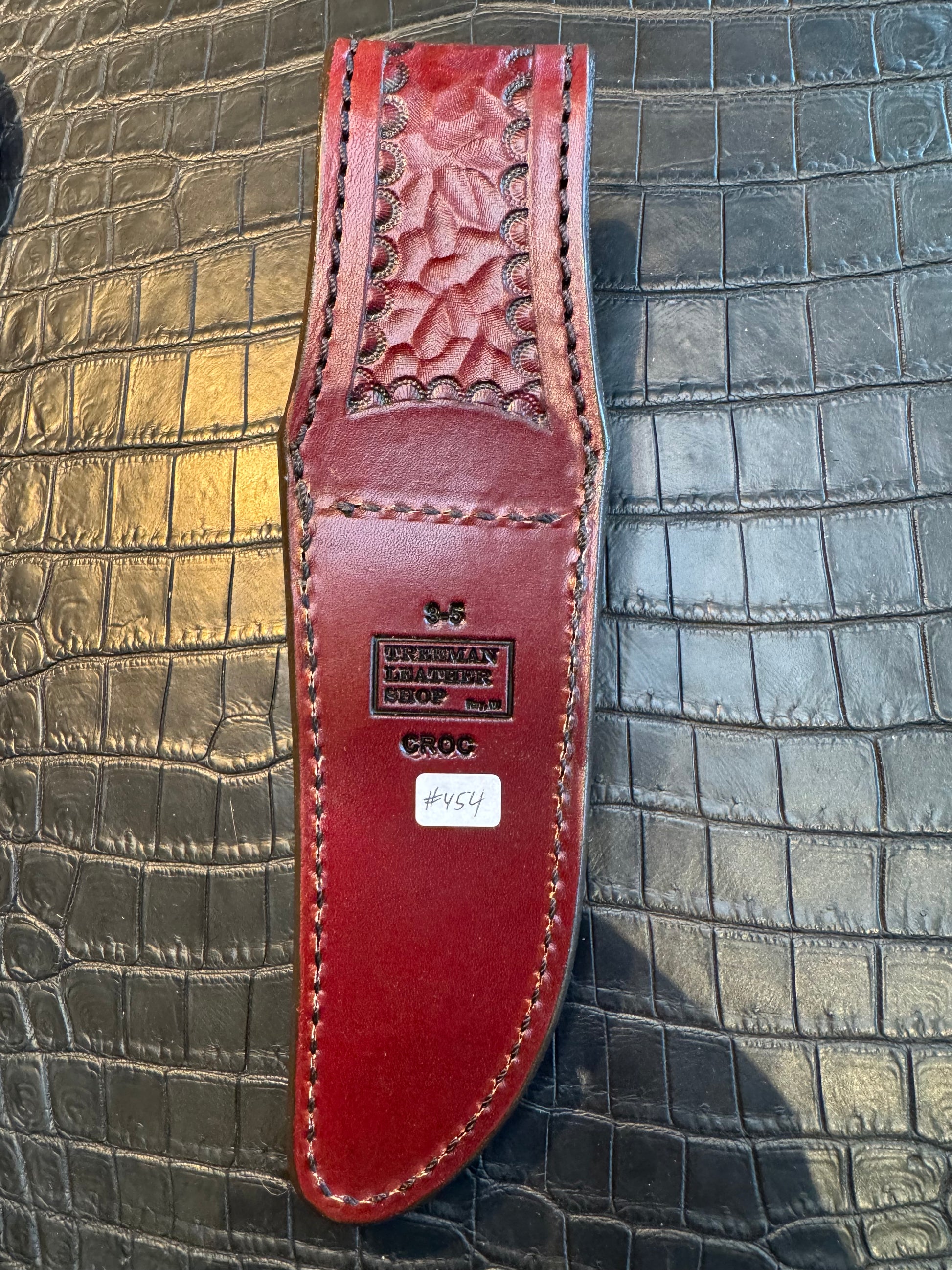 Randall Model 3-5 Exotic Sheath in Army Green Crocodile by Treeman.