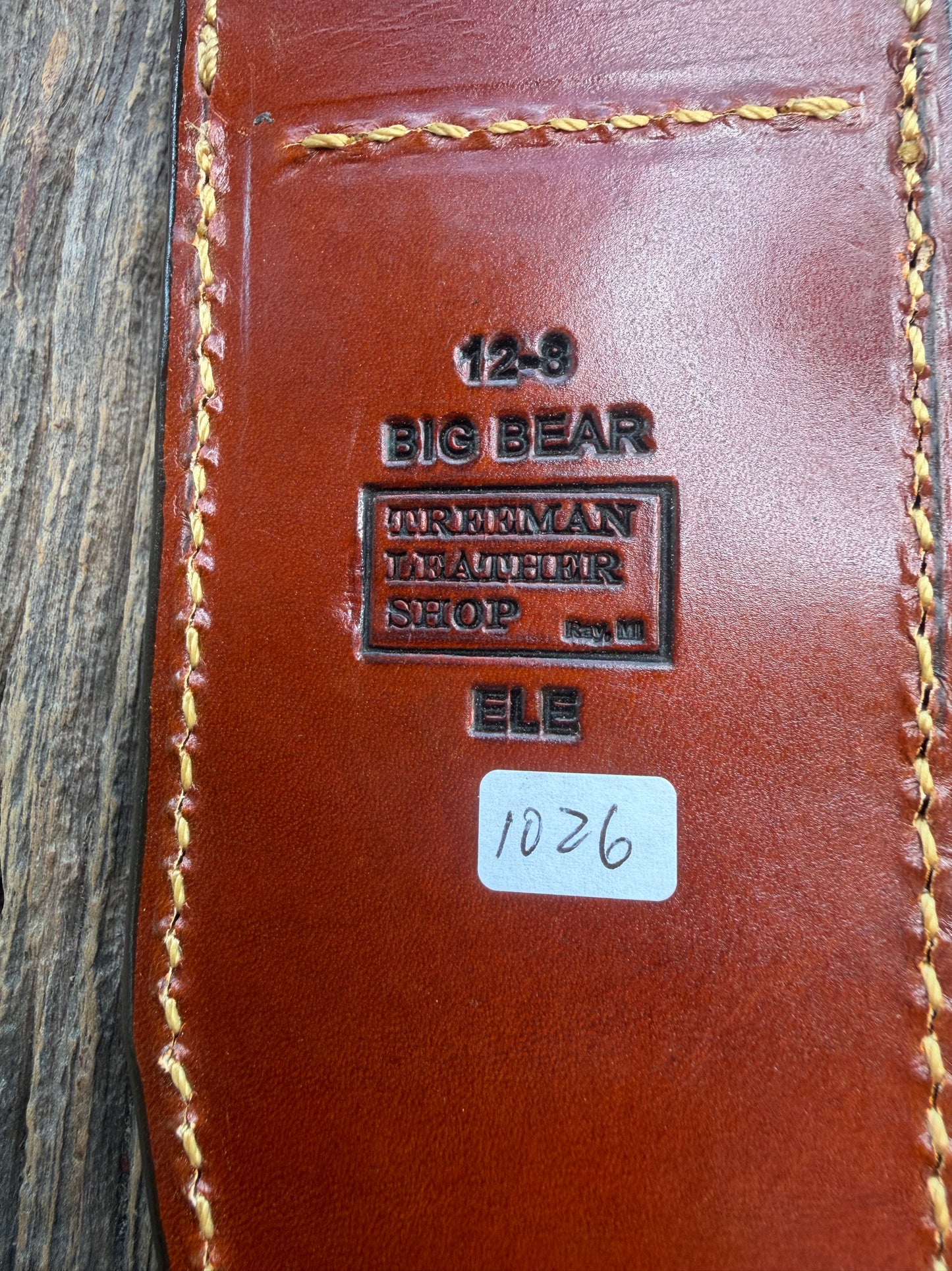 New Randall Model 12-8 Big Bear Sheath in Exotic thick and textured Rust colored Elephant hide on brown leather from Treeman with a silver Canteen snap. Hand tooled belt loop. Killer sheath.