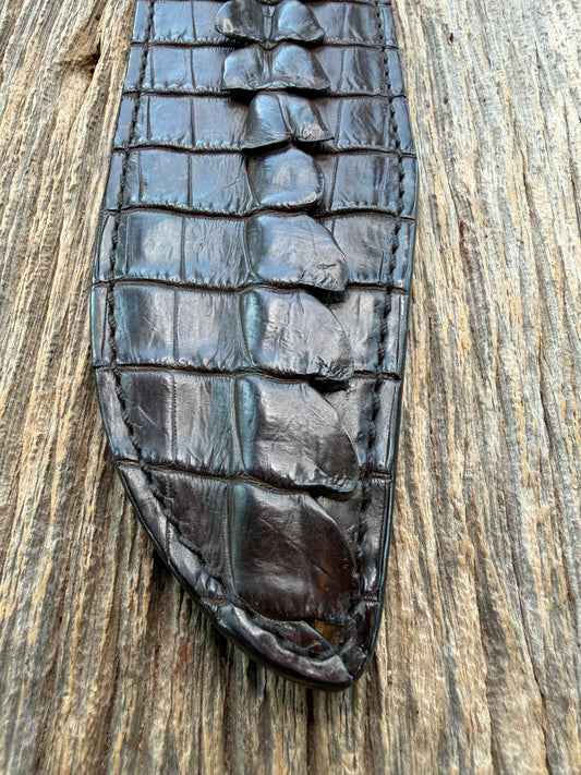 New Randall Model 12-9 Sheath in Exotic Dark Brown Matte Crocodile Tail from Treeman with the newest Black Canteen snap. Killer sheath.