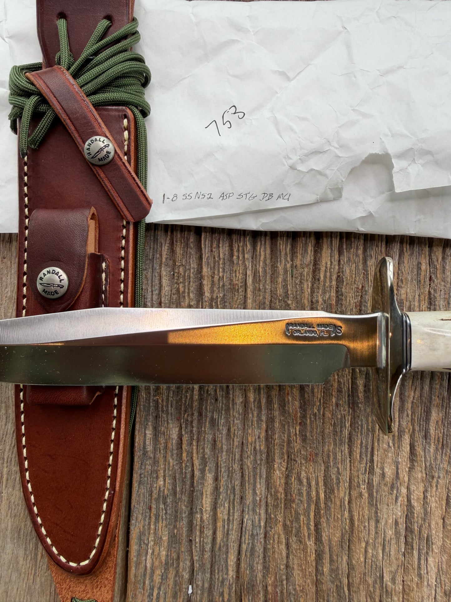 New in Paper Randall Made Knife Model 1-8 Stag , Stainless, Black and Aluminum spacers, Nickel Silver Hilt, Aluminum butt cap.