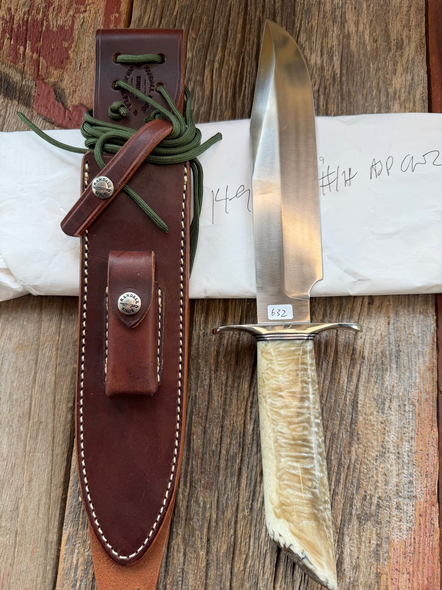 New in Butchers paper Randall Model 12-9/14 Grind with a Huge piece of Musk Ox. Nickel Silver Hilt and raw natural end.