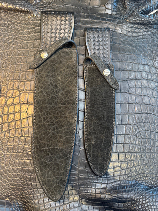 New Randall Pair of Model 12-11 Large Sasquatch and matching 12-8 Small Sasquatch Sheath’s in Exotic Black Hippo (very rare) Custom Made at Sullivan’s by Gutcher.
